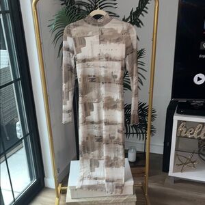 Forever 21 Tan and Brown Midi Dress with Abstract Pattern